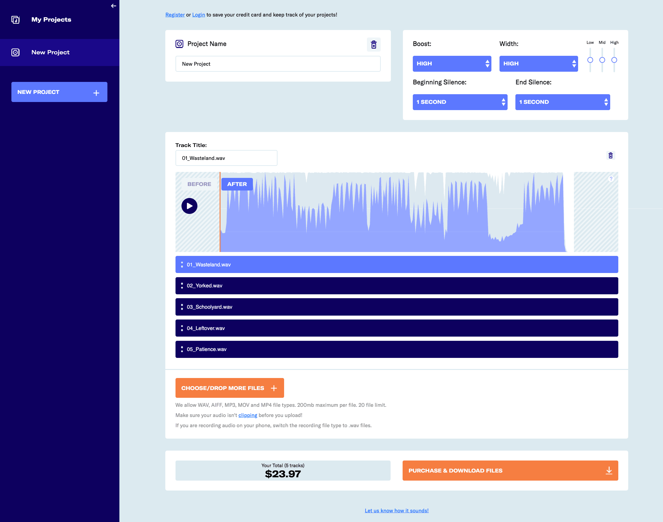 Wavemod Online Mastering project view